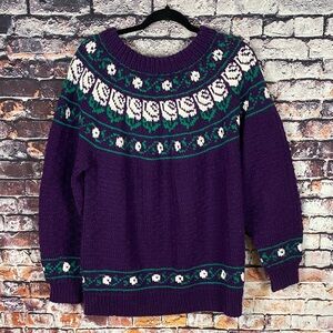 Hand Knit Purple & Green Fair Isle Crew Neck Coastal Wool Blend Sweater Sz XL